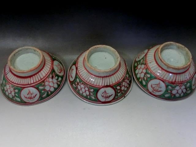 茶碗□赤絵 3点 丸窓唐草紋 お茶道具 ぐい呑み 古玩 唐物 時代物 骨董品□